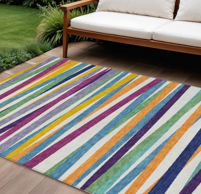 9&#39; X 12&#39; Blue Striped Washable Indoor Outdoor Area Rug