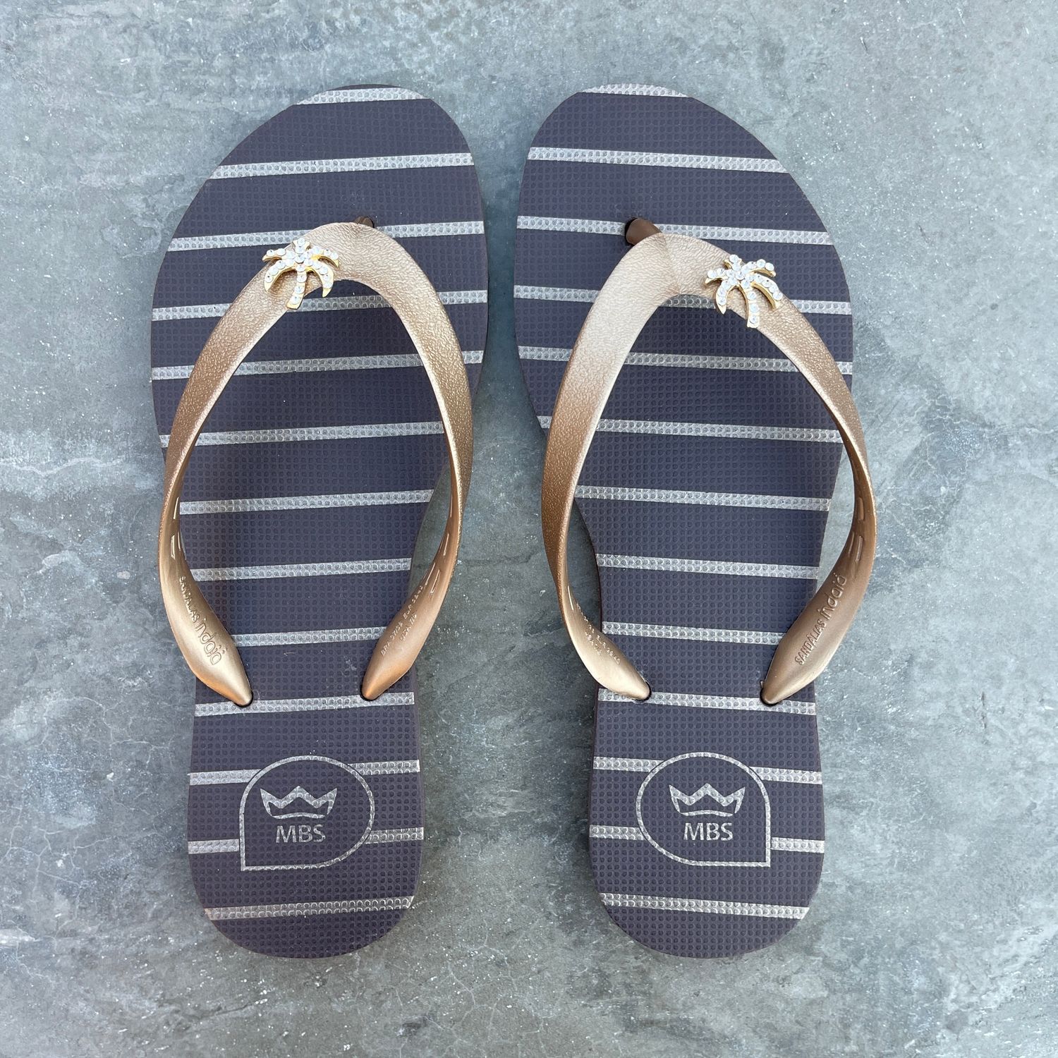 Natural Rubber Flip Flops Brown Gold Palm Tree