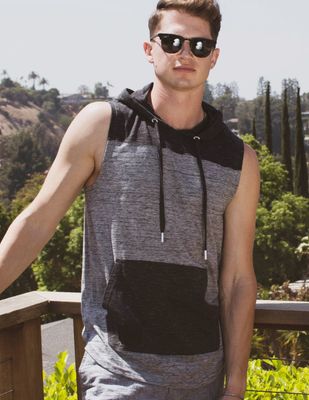 ZIMEGO Men&#39;s Color Block Sleeveless Pullover Kangaroo Pocket Workout Hooded Tank - 051