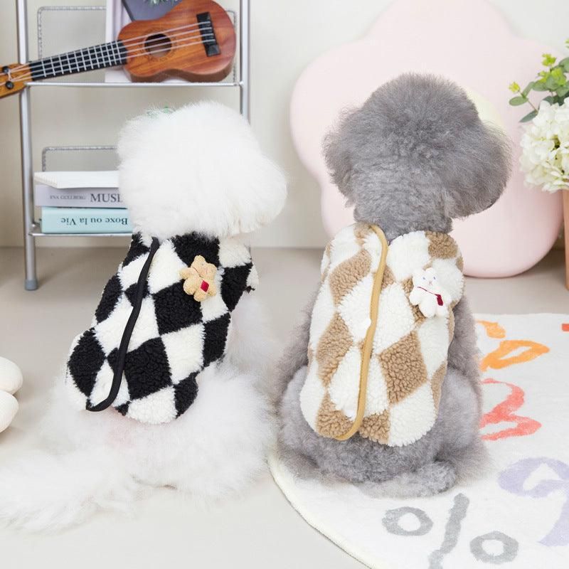 Cozy Checkerboard Plush Pet Vest - Warm Cotton Jacket For Cats And Dogs