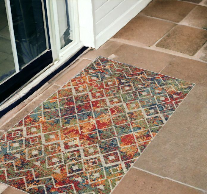 2&#39; X 3&#39; Green Orange and Red Geometric Stain Resistant Indoor Outdoor Area Rug