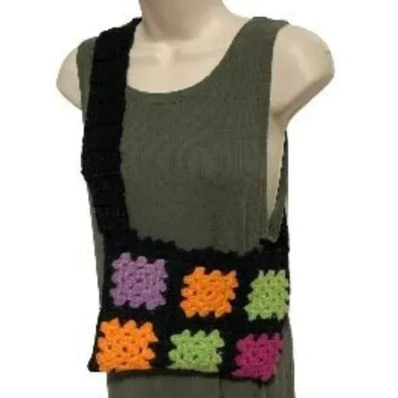 Handmade Tote Bag Purse Granny Square Handmade Small Knit Bag Tote Bag Shoulder Bag 10 x 6.5 inches Handcrafted Handmade in the USA.