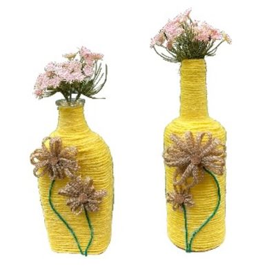 Bud Vases Recycled Glass Flower Floral Wrapped Yellow Brown Green Set of 2 Handcrafted Upcycled Handmade in the USA
