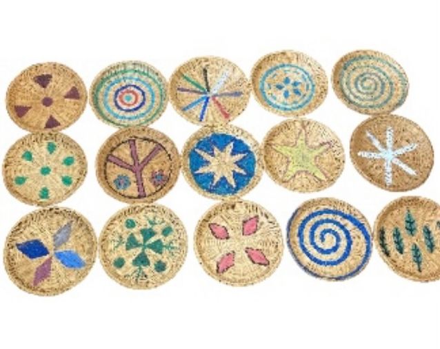 Wall Decor Wicker Plates Boho Bohemian 9.75&quot; Diameter each Set of 3 Upcycled Handcrafted Handmade in the USA