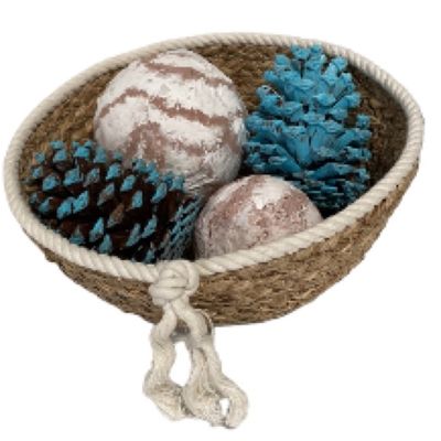 Centerpiece Decorative Basket Nautical Beach Coastal Vibe Filler with Balls and Pine Cones Blue White tan Beige
