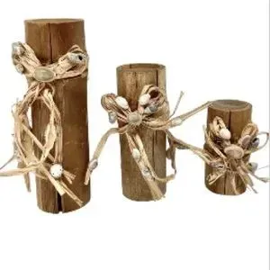 Candle Holders Bamboo Raffia Nautical Ocean Beach Seashells Upcycled 8&quot;, 6&quot;, 4&quot; Trio Set of 3