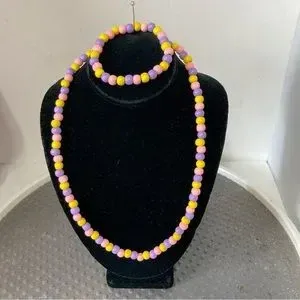 Handmade Necklace and Bracelet Pastel Wood Beaded Stretchy Handcrafted