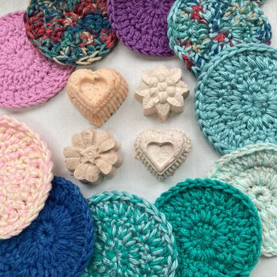 Gift Set Soap with Crochet Scrubbie Heart or Flower Shaped  5 inch Round  Washcloth Handcrafted Handmade in the USA.