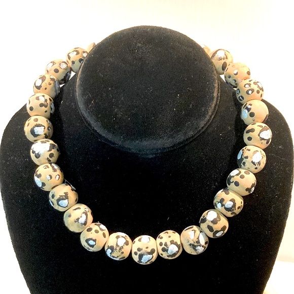 Handmade Choker Necklace Snow Leopard Snow Cat Animal Print Wood Bead Handcrafted 16 inches