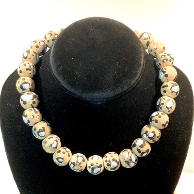 Handmade Choker Necklace Snow Leopard Snow Cat Animal Print Wood Bead Handcrafted 16 inches