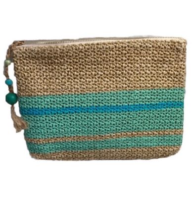 Clutch Purse Nautical Small Jute Teal Stripes Jute Pull Wooden Bead and Tassel