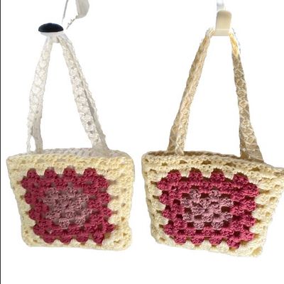 Handmade Tote Bag  ini Tote Bag Granny Square Cream Pink Yellow Lilac Handcrafted Upcycled 7 x 8 inches