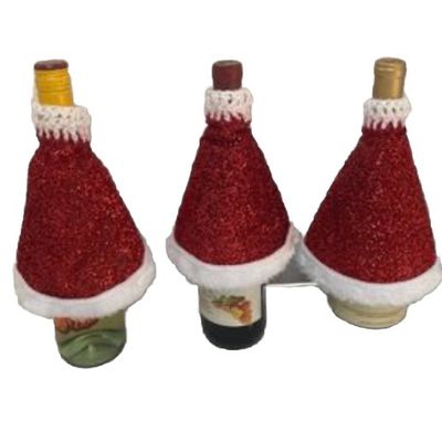 Wine Topper Santa Hat Decor Glittery Shiny Red Hat with  White Fur Set of 3