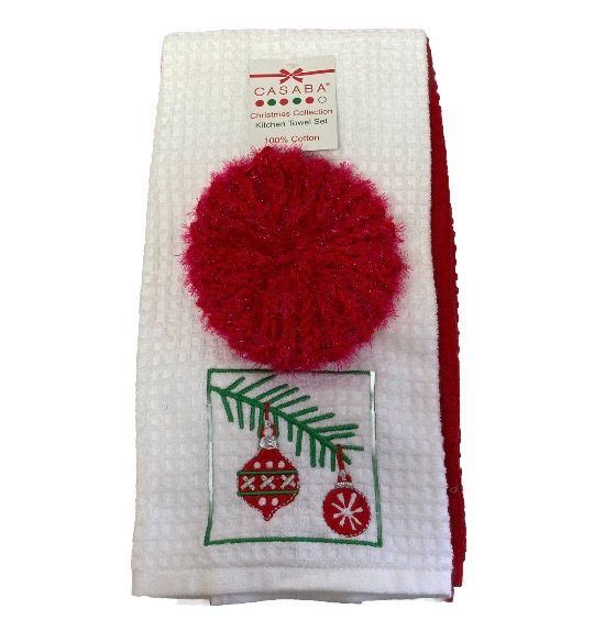 Gift Set Kitchen Handmade  Dish Scrubby with CHRISTMAS COLLECTION Holiday Ornaments Dish Tea Towels