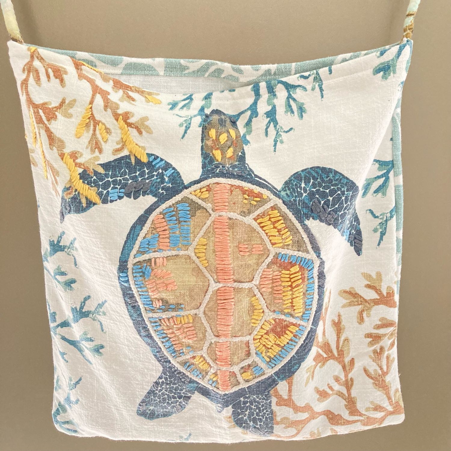 Handmade Tote Bag Embroidered SEA TURTLE  Handcrafted Upcycled 15 inches Wide x 16 inches Long