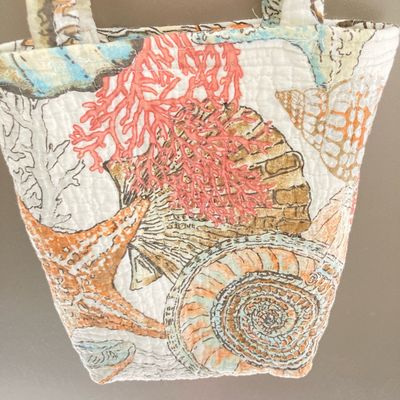 Handmade Tote Bag Quilted Nautical Ocean Seashell Coastal Handcrafted Upcycled 11 x 12 x 3 inches