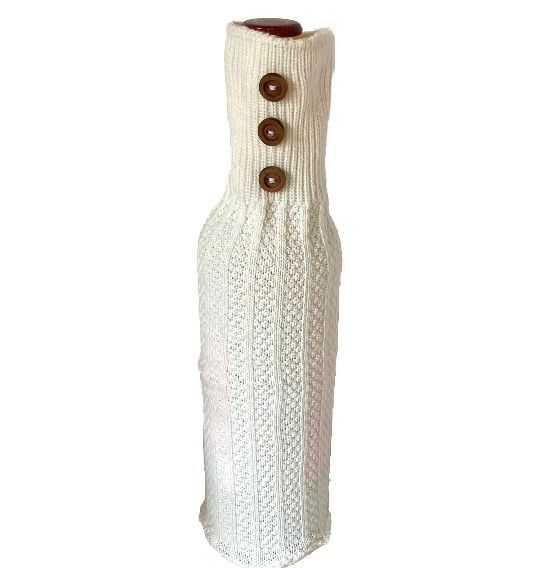 Wine Bottle Sweater Koozie Cream with Brown Buttons Upcycled 2 x 3 inches