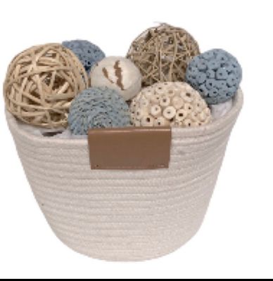 Centerpiece Decorative Basket Nautical Beach Coastal Vibe Filler Orbs and Balls  Blue tan 10 x 8 inches