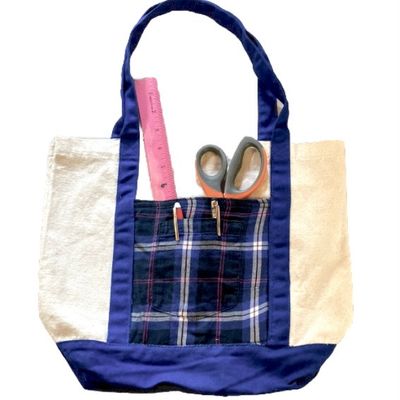 Handmade Tote Bag Handcrafted Canvas  Plaid Double Pocket Shoulder Straps 14.5 x 13 x 5 inches