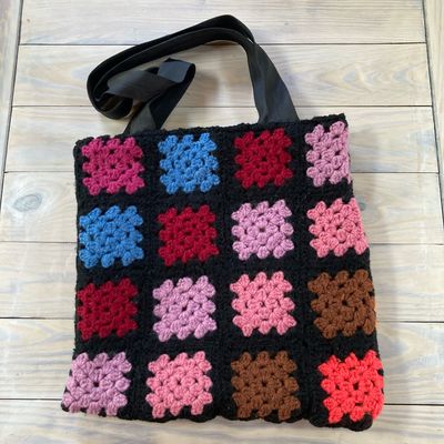 Handmade Tote Bag Book Bag  Granny Square Handcrafted Crochet Colorful Floral 13 x 13 inches