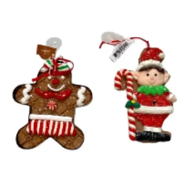 ORNAMENTS Christmas Holiday Gingerbread Cookie and Elf Candy cane Decor Set of 2