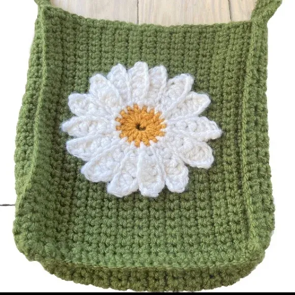 Handmade Tote Bag Mini Tote Bag SUNFLOWER Army Green Handcrafted Crochet  6 x 8.5 x 2 inches
