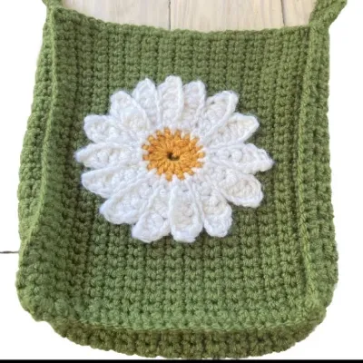 Handmade Tote Bag Mini Tote Bag SUNFLOWER Army Green Handcrafted Crochet  6 x 8.5 x 2 inches