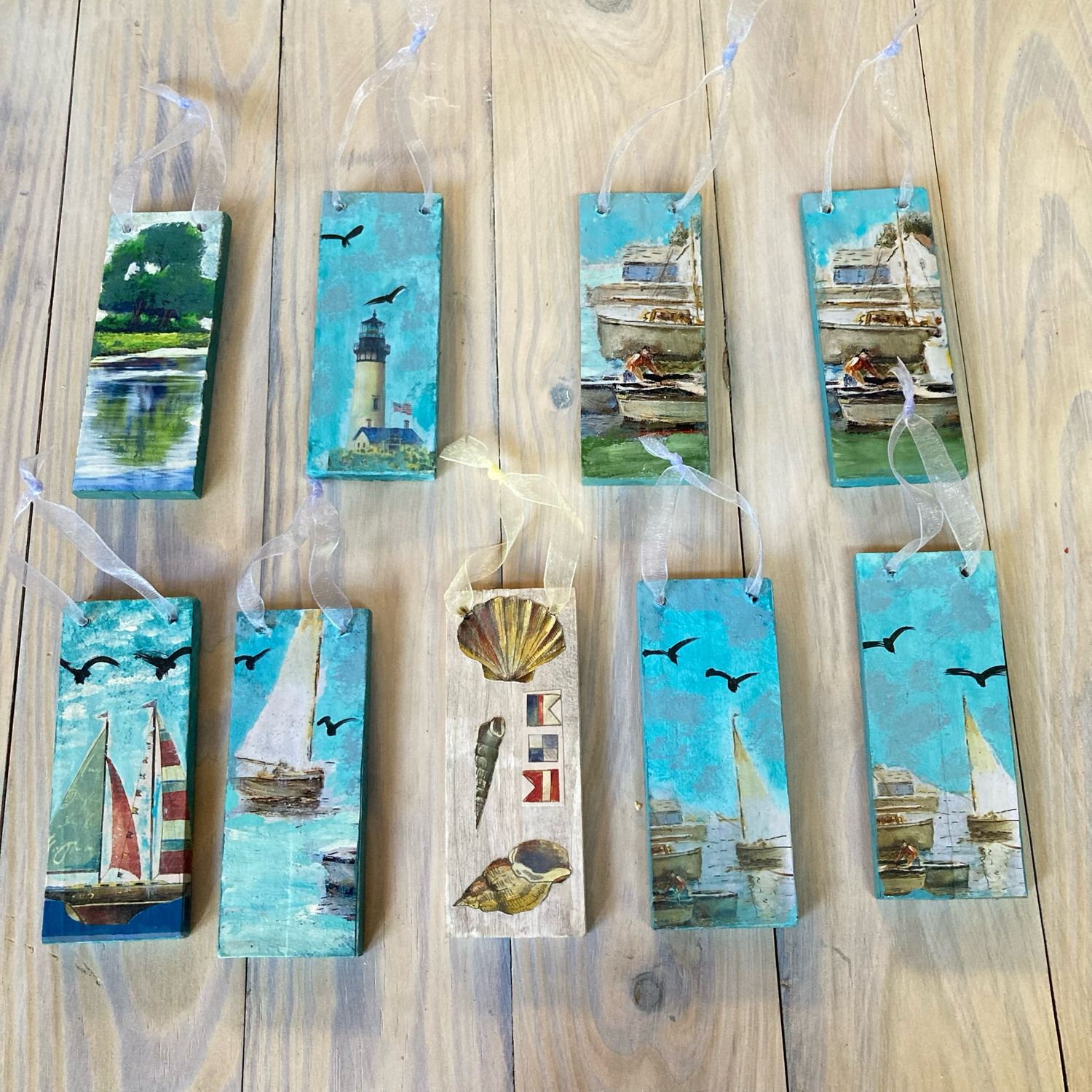 ORNAMENTS Nautical Boat Lighthouse Hand Decorated Wood Hand Painted Decoupaged Christmas Tree Ornaments