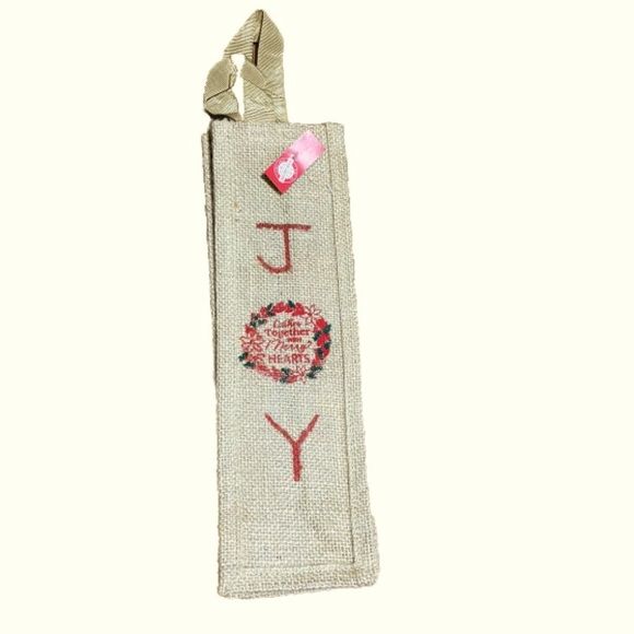 Burlap Wine Bottle Bag with Handles Christmas Holiday Festive JOY 4 x 3.75 inch