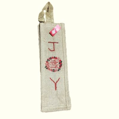 Burlap Wine Bottle Bag with Handles Christmas Holiday Festive JOY 4 x 3.75 inch