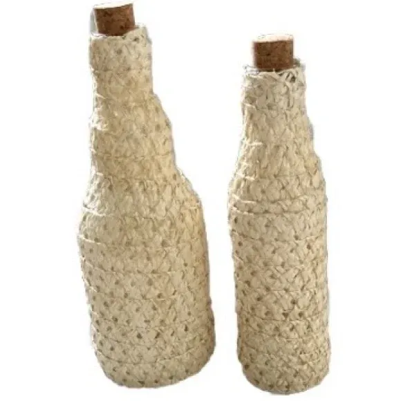 Set of 2 Wicker Wrapped Glass Vases with Cork Stoppers 8 and 7 inches Tall