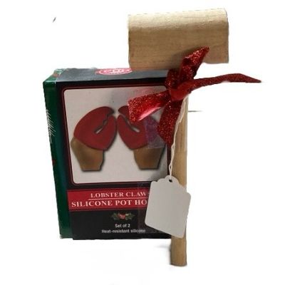 GIFT SET Silicone Pot Holders Lobster Claws with Crab Mallet in Gift Wrapped Box