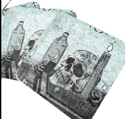 SKULL COASTERS Set of 8 Cardboard Decoupaged Spooky Halloween  4 x 4 inches