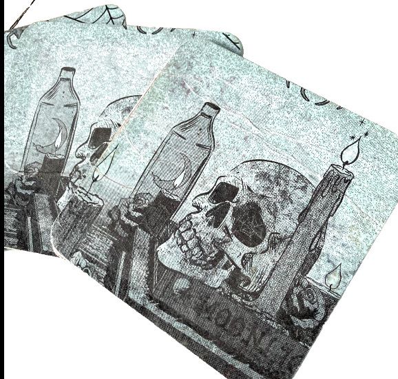 SKULL COASTERS Set of 8 Cardboard Decoupaged Spooky Halloween  4 x 4 inches