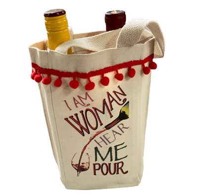 GIFT BAG Canvas Tote Bag WINE BOTTLE Double Holder I Am Woman Hear Me Pour 10 in