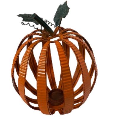 PUMPKIN Large Metal Tea Candle Holder and 2 Tea Candles Centerpiece 10 x 9 inch