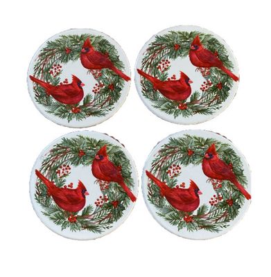 CARDINALS Red Bling Gems Round Coasters Greenery Berries Cork Bottom Set of 4