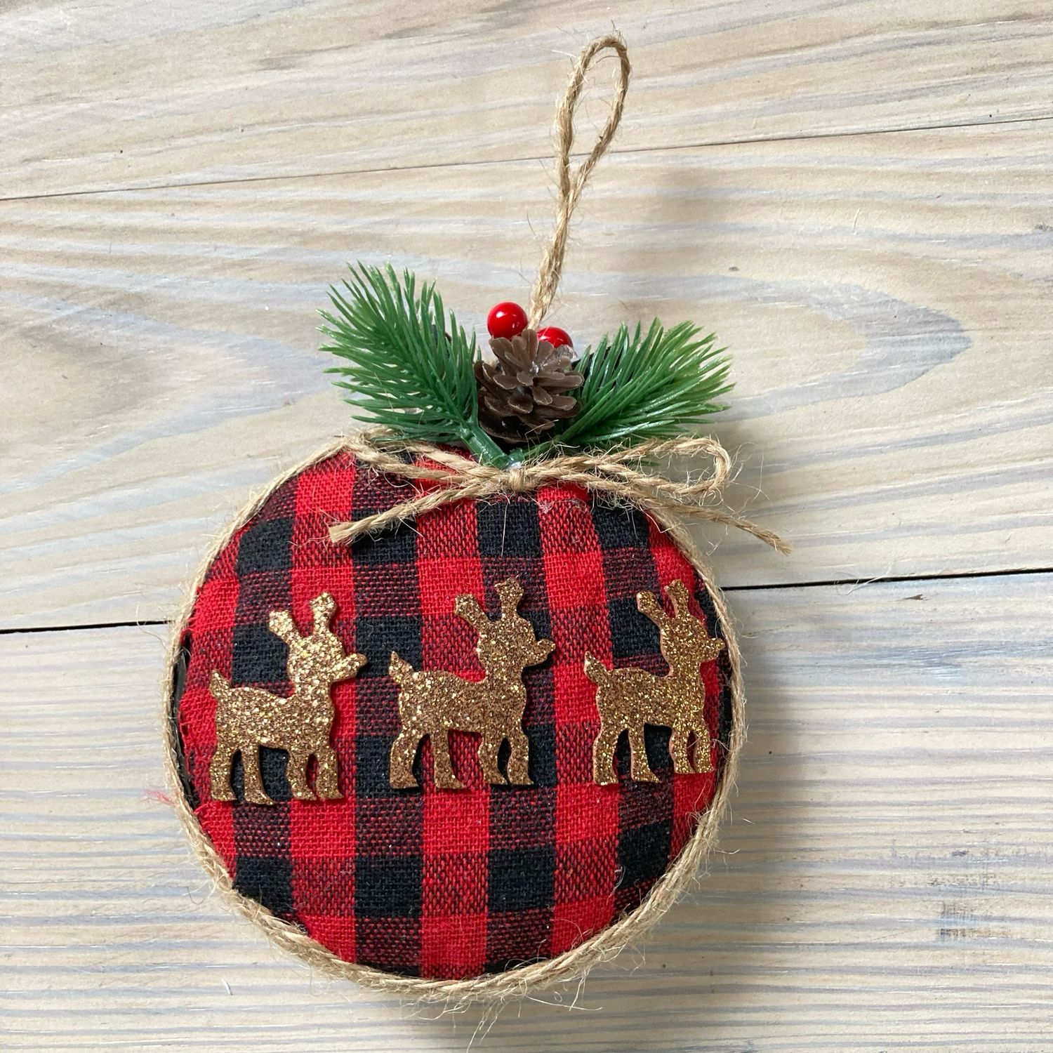 Christmas ornament plaid check Buffalo plaid, reindeer, glitter, shiny ribbon Christmas holiday