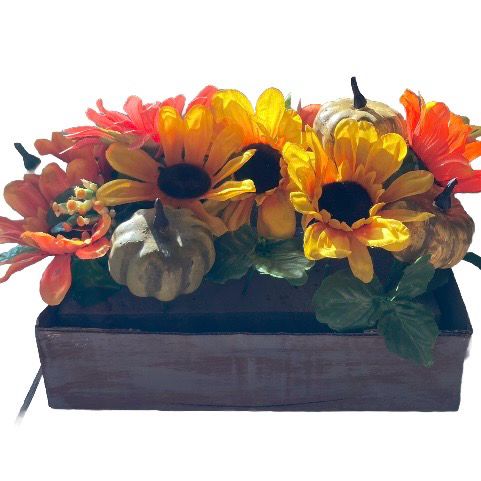 Table Centerpiece Fall Harvest Floral Box Thanksgiving Cheery Fall Leaves and Mini Pumpkins 7 x 11 x 9 inches