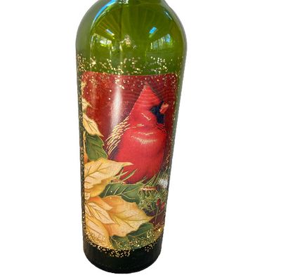 RED CARDINAL Bird Lit Up Cork Green Wine Bottle Festive Winter Holiday 12 inches