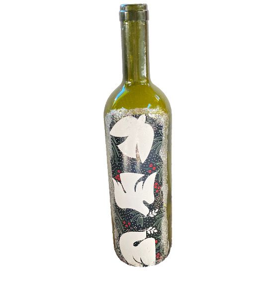 WHITE DOVE TRIO Lit Up Cork Green Wine Bottle Festive Winter Holiday 12 inches Tall