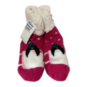 COZY SLIPPER SOCKS Pink Penguin Sherpa Lined with Anti Slip Grippers on Bottom