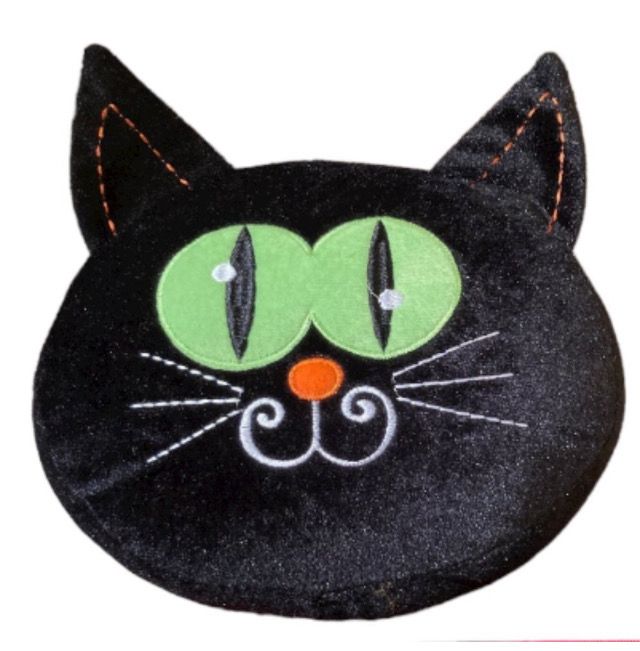 BLACK CAT VELVET KITTY Black Green Orange White Embroidered Halloween Pillow