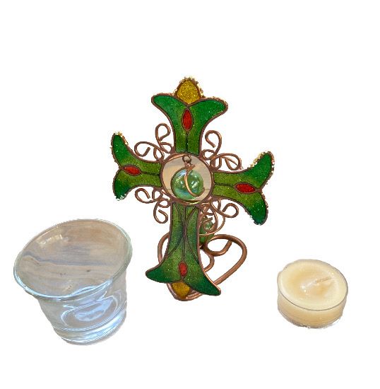 Stained Glass Holy Votive Candle Holder Green Red Yellow Colored Cross 5.5 tall