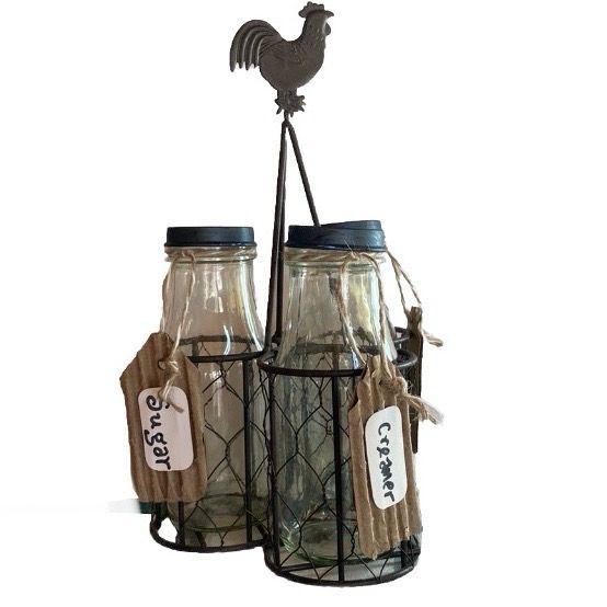 Rooster Chicken Wire Bottle Carrier Coffee Station Farmhouse Shabby Chic