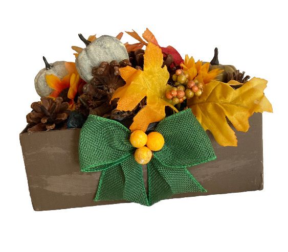 Table Centerpiece Fall Harvest Floral Box Thanksgiving Cheery Fall Leaves Pinecones and Mini Pumpkins 9 x 6 x 7 inches