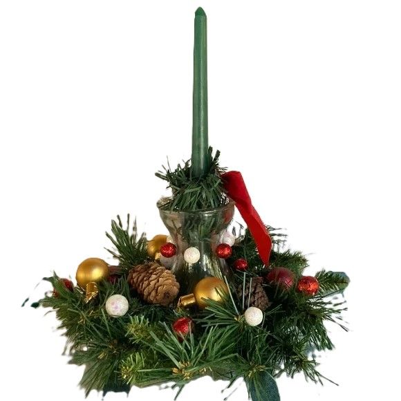 Hurricane Candle Centerpiece Christmas Pine Cones Ornaments Pine Sprigs 12 inch Diameter x  12.5 inch Height