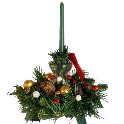 Hurricane Candle Centerpiece Christmas Pine Cones Ornaments Pine Sprigs 12 inch Diameter x  12.5 inch Height