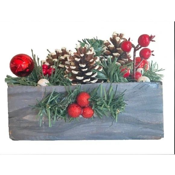 Table Centerpiece Christmas Pine Cones Red Berries White Snow Shiny Snowballs