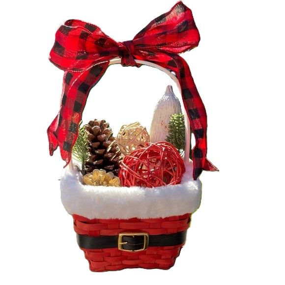 SANTA CLAUSE Holiday Basket with Fillers Orbs and Big Red Checkered Bow 12 x 7 x 7 in